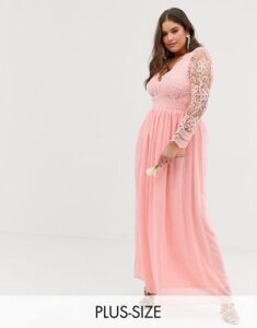 Club L Plus bridesmaid long sleeve crochet detail maxi dress-Pink