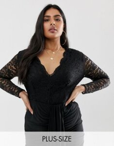 Club L Plus long sleeve lace bodysuit with lined body-Black