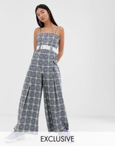 COLLUSION check wide leg jumpsuit with belt-Multi