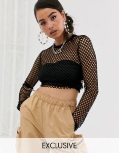 COLLUSION crop fishnet top with long sleeve with tab-Black