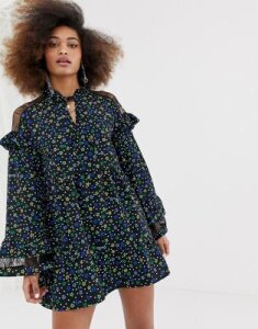 COLLUSION lace insert smock dress in ditsy floral-Multi
