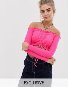COLLUSION ruched rib front off shoulder top in pink
