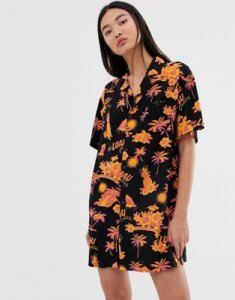 COLLUSION tropical print revere shirt dress-Multi