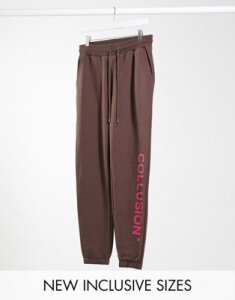 COLLUSION Unisex sweatpants with logo print in brown