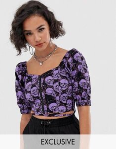 COLLUSION Zip through puff sleeve blouse in skull print-Multi