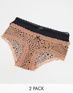 Cotton: On Body 2 pack briefs with lace trim in black and leopard-Multi