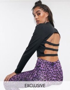 Crooked Tongues long sleeve crop top with open strap back-Black