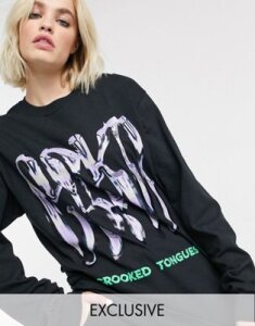 Crooked Tongues oversized long sleeve t-shirt with marble front print-Black