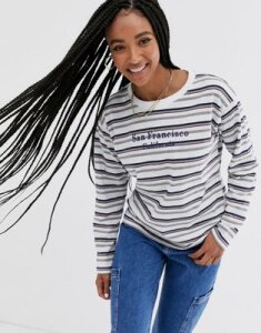 Daisy Street long sleeve t-shirt in retro stripe with san francisco embroidery-Multi