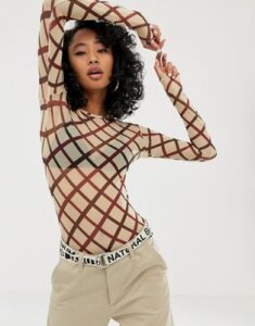 Daisy Street long sleeve top in check mesh-Red