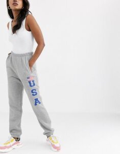 Daisy Street relaxed cuffed sweatpants with usa print-Gray