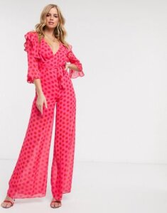 Dark Pink plunge front jumpsuit in red and pink polka dot-Multi