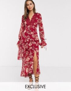 Dark Pink plunge ruffle maxi dress with lace insert in red jacquard floral
