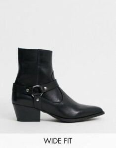 Depp wide fit leather boots with harness detail in black