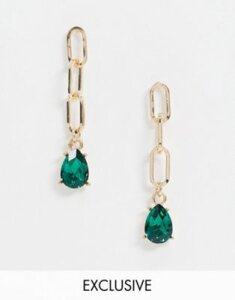 DesignB London Exclusive earrings with chain link and green gem-Gold