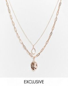 DesignB London Exclusive multirow necklace with coin and pendant in rose gold