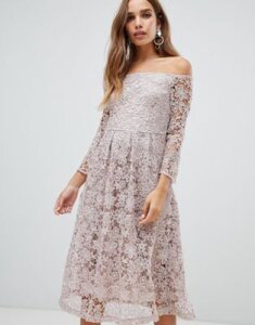 Dolly & Delicious bardot all over lace prom midi dress with bell sleeve in mauve-Pink