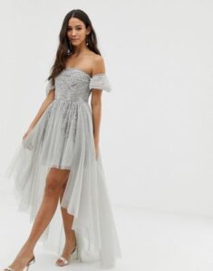 Dolly & Delicious off shoulder mini embellished prom dress with train detail in gray