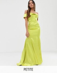 Dolly & Delicious Petite off shoulder fishtail maxi dress in neon lime-Yellow