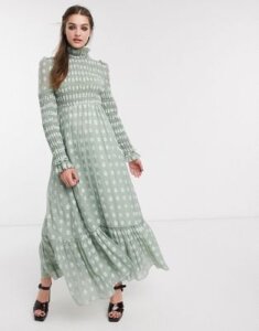 DREAM Sister Jane maxi dress with frill neck in shirred floral-Green