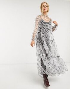 DREAM Sister Jane maxi smock dress with tiered skirt and bow back in polka dot organza-Black
