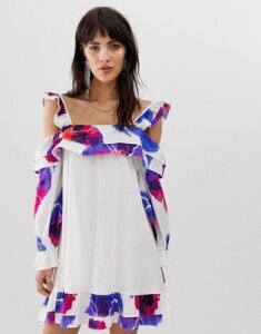 Dusty Daze off shoulder swing dress with floral print-White