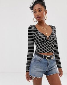 Emory Park long sleeve top with gathered front in vintage stripe-Multi