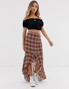 Emory Park skirt with high low hem in check-Brown
