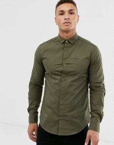 Emporio Armani slim fit tipped long sleeve shirt in khaki-Green