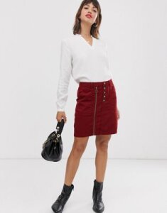 Esprit button detail denim skirt with zip in burgundy-Brown