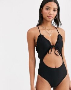 Fashion Union cut out swimsuit with tie front detail and frill in black