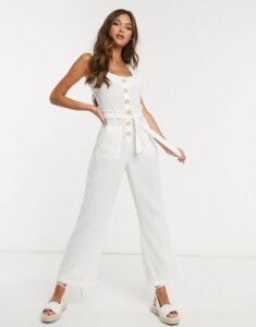Fashion Union Exclusive button up beach jumpsuit in white