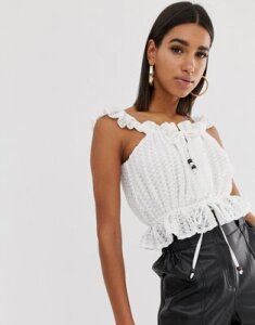 Fashion Union lace crop top with wooden ties-Cream