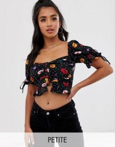 Fashion Union Petite button front milkmaid top in floral-Black