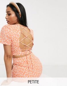 Fashion Union Petite crop top with lace up back in floral two-piece-Orange