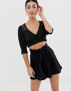 Fashion Union Petite cropped blouse with lace panels-Black