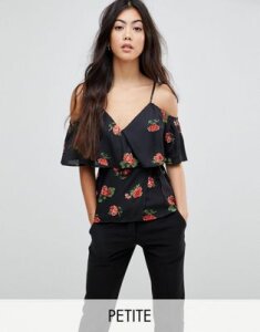 Fashion Union Petite Floral Print Cold Shoulder Cami Wrap Top In Country Rose Print-Black