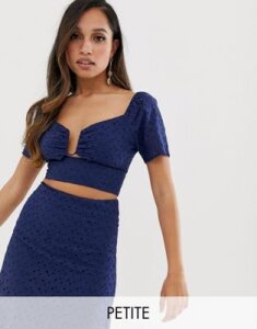 Fashion Union Petite ring front crop top in broderie two-piece-Blue