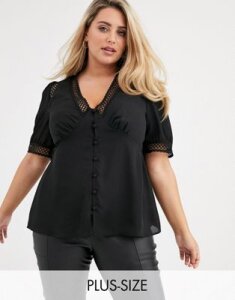 Fashion Union Plus short sleeved blouse with lace inserts-Black