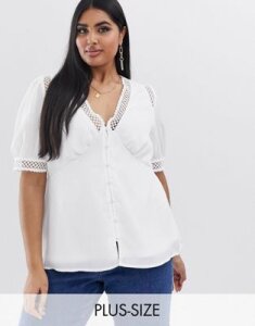 Fashion Union Plus short sleeved blouse with lace inserts-White