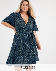 Fashion Union Plus wrap dress with ruched sleeve in blue dalmatian-Multi