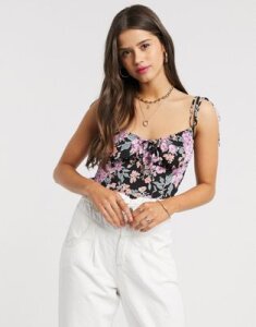Fashion Union ruche detail cami top in floral-Black