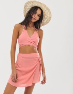 Fashion Union Silvia wrap top with ring detail and beach skirt two-piece in orange