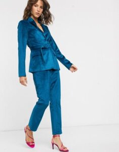Fashion Union tailored pants in teal velvet-Blue