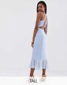 Fashion Union Tall cami midi dress with peplum hem and lace up back in gingham-Blue