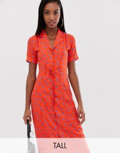Fashion Union Tall fitted midi shirt dress in floral-Red