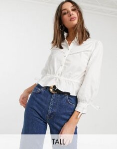 Fashion Union Tall high neck button down blouse with tie sleeves and waist-Cream