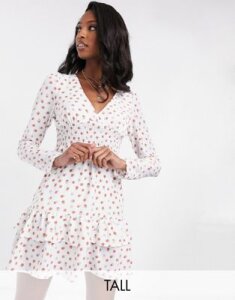 Fashion Union Tall mini dress with puff sleeves and frill hem in polka dots-White