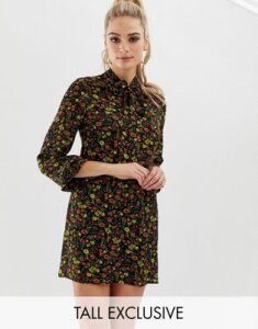 Fashion Union Tall pussybow shirt dress in floral-Multi