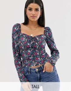 Fashion Union Tall square neck blouse with tie front in floral print-Multi